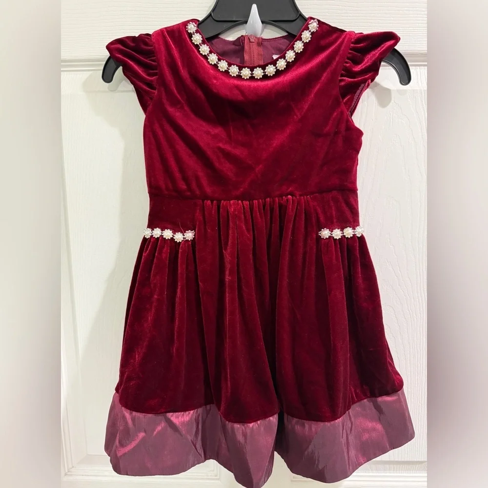Rare Editions Burgundy Velvet Dress Pearl Details Size 3T Wedding